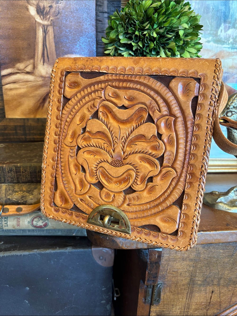 Vintage 70s Tooled and stitched leather purse shoulder bag